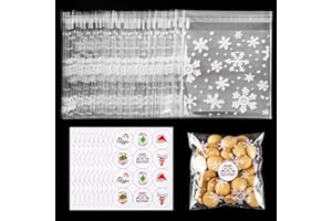 MELLIEX 100pcs Sacs de Biscuits de Noël, Sacs-Cadeaux de Cellophane Sacs de Flocon de Neige Réutilisables Auto-Adhésifs pour Noël avec des Autocollants pour Les Vacances