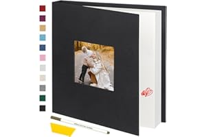 Miaikoe Photo Album Self Adhesive Scrapbook Album for 4x6 5x7 8x10 Pictures,40 Pages Linen Cover Album with Display Window DIY Book with A Metallic Pen and Scraper (Black)