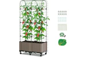 Ytaoeo Blumenkasten mit Tomaten Rankhilfe Obelisk, 2 Stück Hochbeet mit Rankgitter und Rollenrad, Pflanzkasten Pflanzkübel mit Rankhilfe Ranknetz Kletterpflanzen Pflanzenstütze