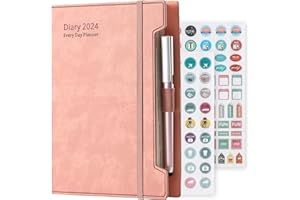 HOLDERZWU Agenda académica 2024 A5 día por página, agenda diaria 2024, agenda de enero de 2024 a diciembre de 2024, 12 meses tapa dura agenda diaria con bolígrafo, calcomanías y bolsillo interior (Rosa)