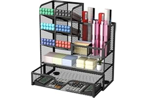 Comzantor Organizador de Escritorio de Malla Metálica, Desk Organizer con Cajón, Multifuncional Material Escritorio, Organizadores Mesa Escritorio Ahorro de Espacio, para Oficina, Casa, Escuela(Negro)