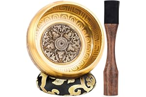 HIHEALER Large Tibetan Singing Bowls, Singing Sound Bowl Handcrafted in Nepal for Yoga,Chakra Healing,Stress Relief Self Care Gifts for Women and Men Christmas Gifts (Five Buddhas-Sunflower, 14cm)