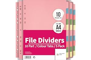 File Dividers A4, 10 Part Folder Dividers for Ring Binders & Lever Arch Files (5 Pack) Binder and Subject Dividers with Writeable Coloured Index Tabs - The Paper Shop