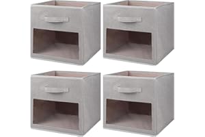 BinWhiz 4-Pack Collapsible Fabric Storage Cubes, 33x33x33 cm Bins with Clear Front Window, Ideal Space-Saving Storage Solution for Bedroom, Closet, Shelves, Utility Room Organization (Silver Grey)