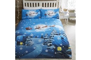 Bedlam Glow in the Dark Christmas Duvet Cover – Single Size 140 x 200cm – Santa in Sleigh Print – Red – 1 Pillowcase – Tree & Snow Design – Kids Festive Bedding