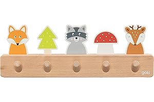 goki 60662 - Garderobe Waldfreunde aus Holz, Kindergarderobe mit 5 Haken, Niedliche Waldmotive Fuchs, Waschbär, REH, Hakenleiste für Kinderzimmer, Fördert Ordnung und Selbstständigkeit, ab 1 Jahr