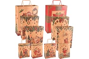 GOLDGE 10 Pezzi Sacchetti Regalo di Natale in Carta Kraft, Buste Regalo Piccoli Medi Grandi, Sacchetti Regalo Varie Dimensioni con Manico per Natale, Compleanno, Festa