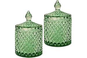 HANFCO 2Pc 10oz Green Glass Cotton Bud Holder Wool Pads Q Tips Candle Holder Spice Apothecary Glass Jars With Lids Vanity Dressing Table Home Bedroom Room Bathroom Accessories Set Vintage Decor Gifts Women
