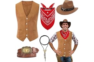 Saier tbo 5Pcs Western Cowboy Fancy Dress, Men’s Cowboy Outfits Set with Waistcoat Wide Brim Hat Belt Paisley Bandanna Bull Head Necklace Wild Western Accessories for Adult Cosplay