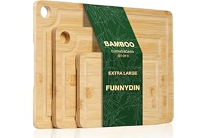 Funnydin Premium Wooden Chopping Board - 3 Piece Extra-Thick Bamboo Chopping Board Set - 38x25cm / 30x20cm / 23x15cm - Ideal for Cutting Meat, Vegetables, Serving Tray, Dishwasher Safe