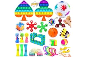Chennyfun Rainbow Fidget Toy Set, 30 Pcs Sensory Toys for Autism ADHD, Stress Reliever with Toy Box Push-It Toy, Infinite Cube, Stress Ball Anti-anxiety Birthday Gift for Teen Children Adult