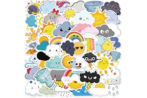 FOCRI 50 adesivi per segni meteorologici per bambini adolescenti, Kawaii sole arcobaleno pioggia temporale tornado, adesivi in vinile impermeabile meteo simboli adesivi