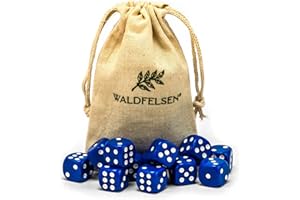 Waldfelsen Lot de 6, 12, 20, 30 ou 50 dés de haute qualité de taille standard de 16 mm en acrylique - Cube de jeu Dice 6 côtés à six côtés - Accessoires de jeu avec sac en tissu (bleu, 12 pièces)