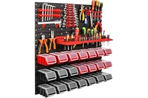SIMPLETHING Système de rangement étagère d'atelier | 78 x 78 cm | Boîte de 21 pièces | Étagère murale avec supports à outils et boîtes empilables - Plaques murales extra solides - Étagère murale perforée -