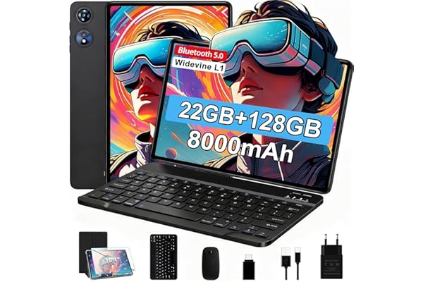 Tablet Android Tablet 10 Pulgadas con Octa-Core 2.0GHz, 22GB RAM + 128GB ROM (TF / 2TB ), 8000mAh, 5G WiFi6, Bluetooth 5.0, 5MP + 8MP, GMS Certificación, Widevine L1, Metal con Teclado y Raton - Negro