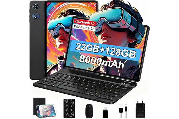 Tablet Android - Octa-Core 2.0GHz｜22GB RAM + 128GB ROM（Expandible 2TB ）｜8000mAh｜5G WiFi /Bluetooth 5.0｜Cámara Dual｜GMS Certificación Widevine L1｜5MP+8MP｜Tablet 10 Pulgadas con Teclado y Raton - Negro
