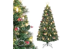 COSTWAY Sztuczna choinka z oświetleniem, choinka z ciepłymi białymi diodami LED, włóknem szklanym i gwiazdą, 8 trybów, choinka z szyszkami, lampami naftowymi i czerwonymi jagodami, zielono-biała (180