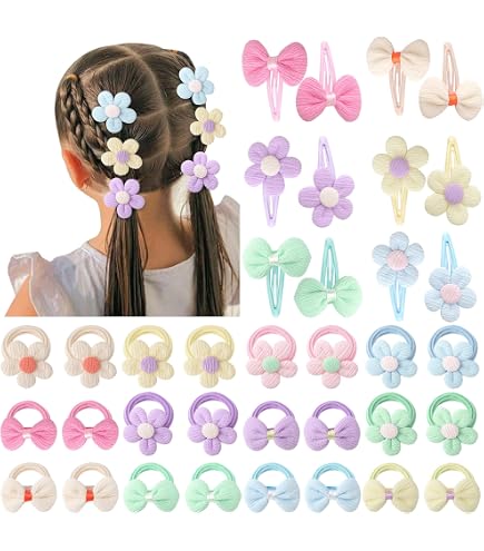 DRESHOW Accessoires Cheveux Filles - 6 Pinces + 24 Élastiques Nœuds Et Fleurs - Doux Pour Bébés Et Tout-Petits