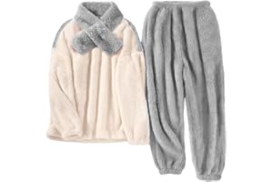 RITOSTA Pijama Mujer Invierno Polar Pijama Invierno Mujer Calentito Conjunto de Pijama Franela 3 Piezas Ropa de Dormir Pijamas de Navidad para Mujer con Pullover Bufandas Pantalones