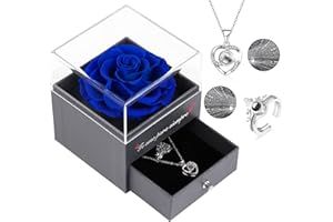 EAPRALA Te Amo para Siempre Regalo Original Mujer,Rosa Preservada Real con Anillo y Collar de Corazón con Te Amo en 100 Idiomas, Rosa Eterna para el Día de San Valentín Aniversario Cumpleaños (Azul Oscuro)