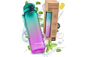 My Vesperbox – Minny - Kinder Trinkflasche auslaufsicher – 500ml – mit Strohhalm oder Sieb - leichte Tritan Wasserflasche - BPA frei - für Kindergarten, Schule (Lila - Grün 500ml)
