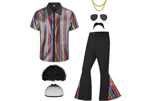 Ezuwail Herren 70er Jahre Disco Outfit Kostüm Kurzarmhemden Schlaghosen Perücken Halskette Schnurrbart Sonnenbrille 6Pcs