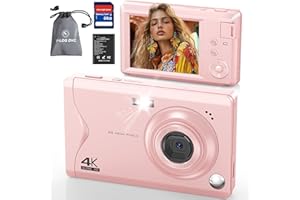 LONGYI 4K 64MP Digitalkamera, Kamera Fotokamera mit 32GB SD Karte, 16X Digitalzoom, Vlogging Kompaktkamera mit USB Kabel Tragbare Taschefür Kinder, Anfänger, Teenager und Schüler（Rosa