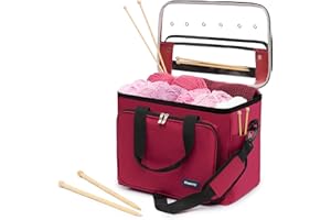 FiNeWaY Knitting Bag - Heavy Duty Wool Crochet Bag, Premium Yarn Crochet Storage Bag Organiser Wool Holder with Clear PVC Lid, Shoulder Strap & Compartments - Portable Knitting Storage Bag (Maroon)