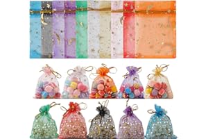 HOPTON 100 Pcs Organza Bags, Mesh Gift Bags, Favour Bag, Moon Stars Jewellery Bag, Jewellery Pouches, Small Organza Gift Pouches for Party Festivals Weddings Xmas Gift - 7X9cm