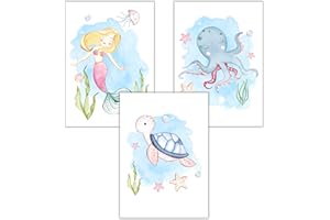 WBdesignz Kinderzimmer Poster Mädchen Babyzimmer Bilder 3er Set Meerjungfrau Schildkröte Tintenfisch (DIN A4, ohne Rahmen)