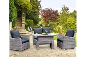GOODS EMPORIUM 4 Seater Rattan Garden Furniture Set - Outdoor, Patio furniture, Conservatory Sofa sets - RAIN COVER INCLUDED (Grey with Rising Table)