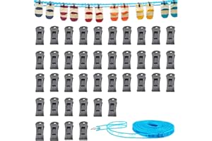 SUNHATY 40 Stück Sockenklammern für Waschmaschine und trockner Sockenclips mit 1 Wäscheleine Mehrzweck-Sockenhalter OHNE sie zu Falten