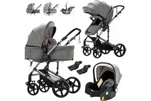 PROKOKE Sistema de Viaje 3 en 1 Carrito con Capazo Cochecito de Bebé 3 en 1 Silla de Paseo para Recién Nacido Cochecito de Viaje Portátil Plegable con Paisaje Alto de Lujo Real (588 Grey)