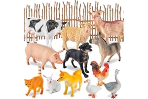 BUYGER Juego de Animales de Granja con Valla Construible - 12 Figuras Realistas de Granja para Niños, Juguetes Educativos para Bebés y Niños de 3 4 5 Años
