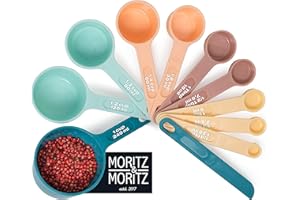‎MORITZ & MORITZ Moritz & Moritz 11-TLG. Messlöffel Set 1/4 TSP bis 1 Cup - stapelbar - Messbecher Measuring Cups und Measuring Spoons 1,25-240ml inkl. Streichlineal - Zum Kochen & Backen mit Kindern (Bunt)