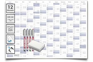XXL Jahresplaner 2027 abwischbar – Wandkalender DIN A0 (118 x 84 cm) gerollt – inkl. 4 Stifte & Schwamm – Kalender Deutsch – Wandplaner Büro privat – von Gigatime