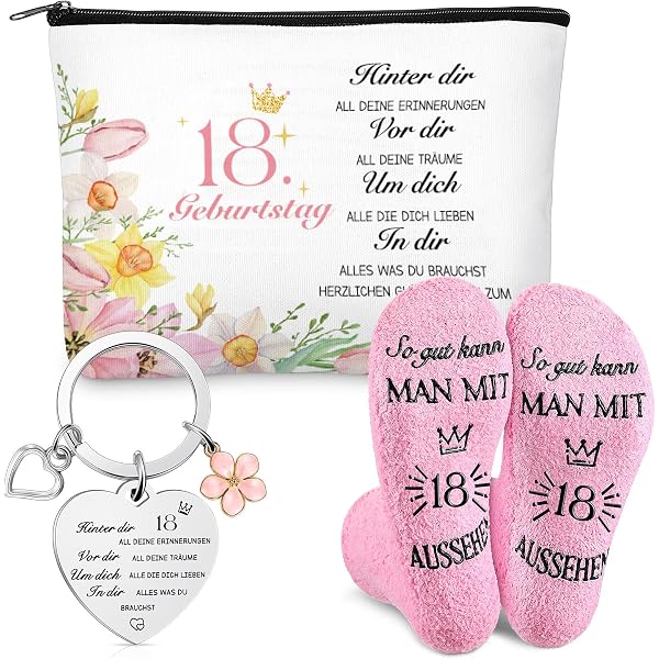 Geschenkset Zum 18. Geburtstag Für Mädchen – Kosmetiktasche & Schlüsselanhänger Mit Blumen & Zahl 18
