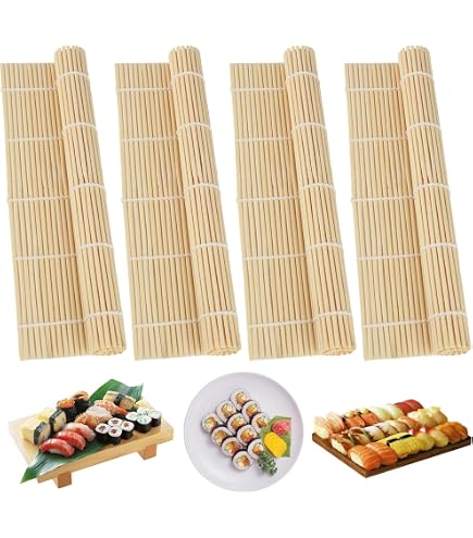 Kit Complet Pour Faire Des Sushis Maison – 6 Tapis En Bambou + 2 Cuillères à Riz – 24x24 Cm