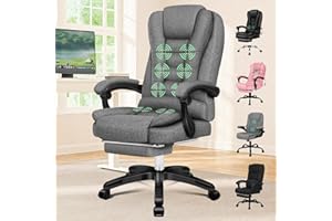 ELFORDSON Executive Office Chair with 8-point Massage Seat Heated, PC Desk Gaming Chair with Armrests Footrest High Back 150° Recliner Tilt Padded Swivel Fabric Linen, Grey