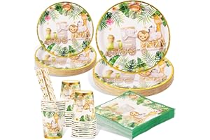 AOLLEN Platos y Vasos para Cumpleaños Jungle Animals, 125 Piezas Vajilla de Fiesta, Vajilla Cumpleaños Infantil, Vajilla Desechable, Servilletas de Papel, Pajitas, Platos y Vasos para Fiesta,25 Invitados
