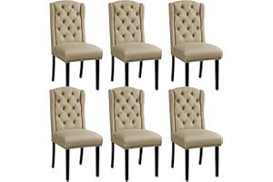 Yaheetech Set 6 Sedie Sala da Pranzo Tessuto Imbottite Eleganti Gambe in Legno Massello Schienale Alto con Bottoni Portata 140 kg Cachi