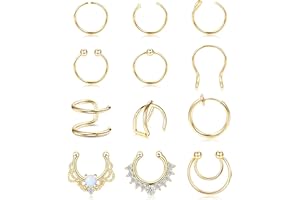 Kakonia 12 Pcs Faux Anneaux De Nez Cerceau En Acier Inoxydable Faux Septum Piercing Clip Sur Nez Septum Anneau Faux Non Percé Nez Anneaux Boucles D'oreilles Bijoux