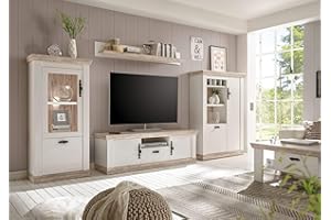 Newfurn Wohnwand Anbauwand Landhaus Wohnzimmerschrank Wohnlandschaft Mediawand Fernsehschrank II 310x201x 37-44 cm (BxHxT) II [Amelie.Three Concept] in Pinie Weiß/Oslo Pinie Wohnzimmer