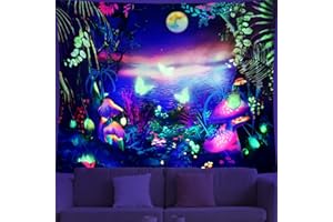 Dremisland Champignon Tapisserie Murale Blacklight Tapisserie Galaxie Lune Lumière Noire Réactive UV Paysage Végétal Papillon Tenture Murale Chambre Décor à la Maison