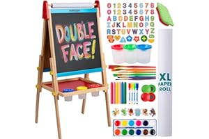 Blue Squid Chevalet pour Enfants - Easel en Bois Réglable et Double Face avec Tableau Noir, Tableau Blanc Effaçable, Papier Roulant, 100+ Accessoires, Idéal pour Enfants de 3 à 12 Ans