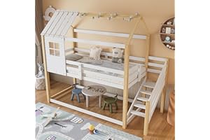 Azkoeesy Litera 90x200 cm, con Escalera y protección contra caídas, Cama para niños en Forma de casa, Cama Infantil para 2 niños, Blanco y Natural