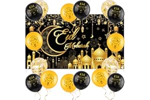 AhfuLife Large Eid Mubarak Backdrop Banner 205 x 111cm, Black and Gold Eid Mubarak Fabric Background with 16Pcs Eid Mubarak Balloons for Muslim Garden Table Wall Indoor Outdoor Home Party Decoration