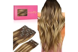 WENNALIFE Extensiones de Clip de Pelo Natural, Balayage Marrón Chocolate a Rubio Caramelo 150g 35cm 9 Piezas Extensiones Pelo Natural Cabello Humano Extensiones Pelo Natural Clip Extensiones de Clip