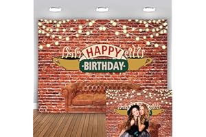 BINQOO 7x5ft Happy Birthday Party Backdrop friends birthday decorations Red Brick Wall Sofa Coffee Shop Photography Background 80s 90s Pub Portrait Banner Photo Booth Props Studio Mini Session