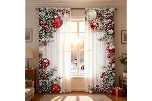 GENERISCH Weihnachtsvorhänge 2-teilig, Rot mit Schneeflocken-Muster, 2D Flachdruck - Dekovorhänge für Wohnzimmer & Schlafzimmer,Weihnachtsgardinen mit Muster Voile Gardinen Vorhänge Wohnzimmer (100X220CM)